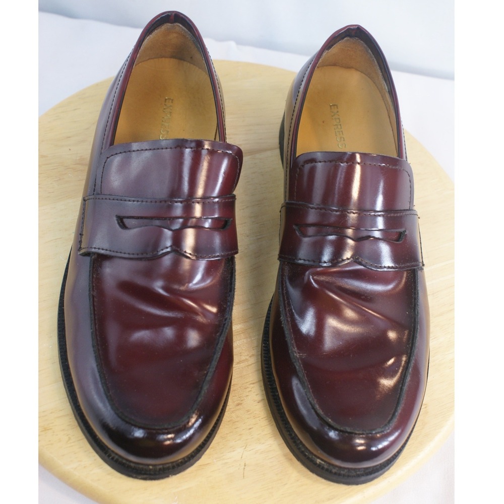 Express Mens Burgundy Leather Penny Loafers Dress Shoes Size 9 ID6602 Oxblood